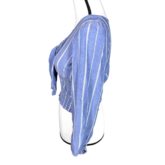 American Eagle Blue pinstripe Smocked Crop Tie Front Blouse - Picture 4 of 6